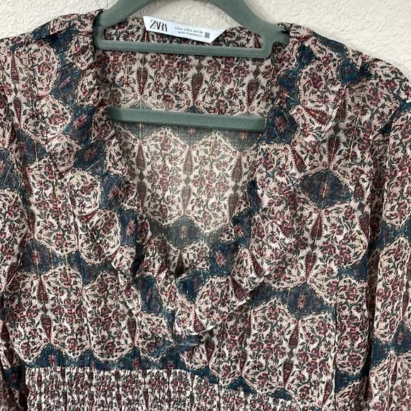 Zara V Neck Ruffle Trim Mini Dress Rust Geo Paisley Boho Cottagecore Sz S - Picture 7 of 14